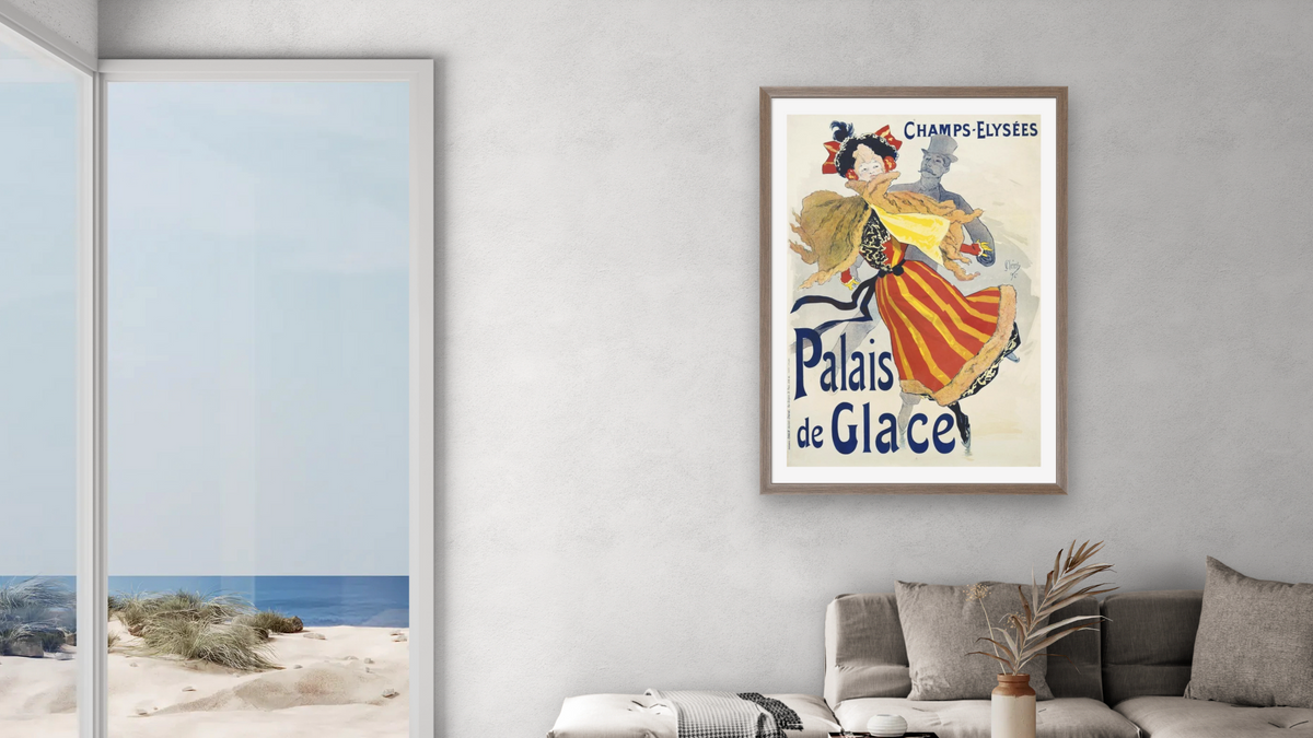 Palais de Glace Poster by Jules Chéret, shown at 28 × 42 in (71.1 × 106.7 cm) in Arber Light Walnut, living