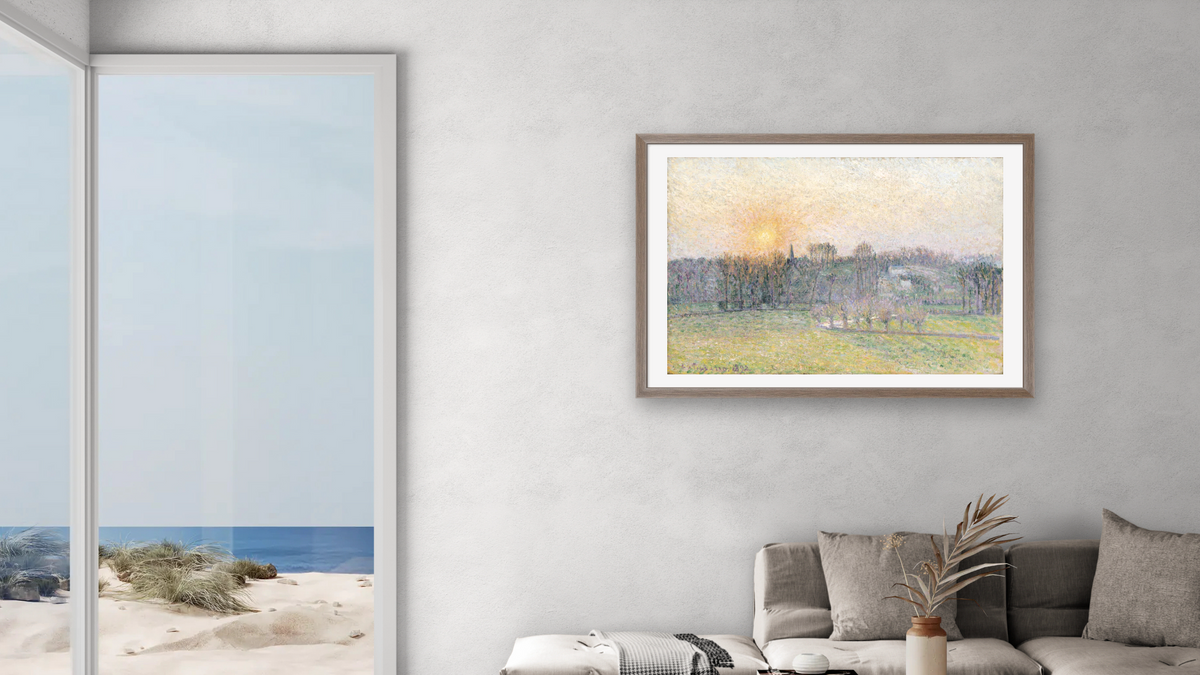 Sunset, Bazincourt by Camille Pissarro, shown at 28 × 42 in (71.1 × 106.7 cm) in Arber Light Walnut, living