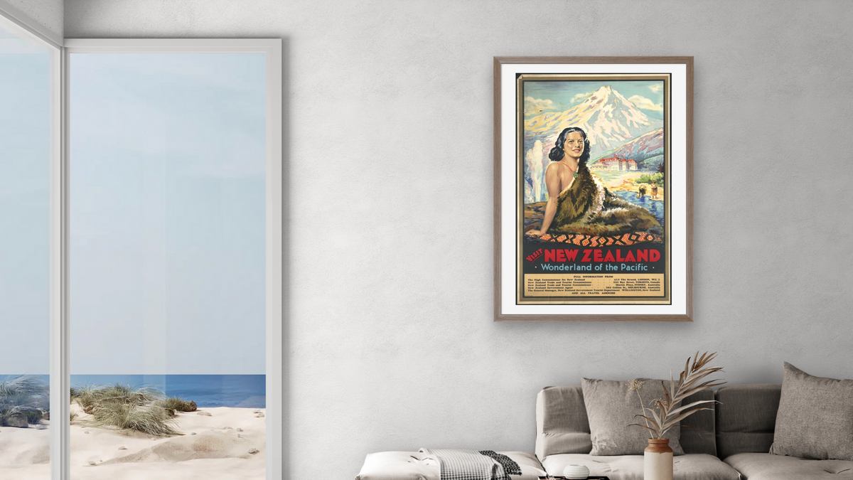 BPL Travel Posters, shown at 28 × 42 in (71.1 × 106.7 cm) in Arber Light Walnut, living
