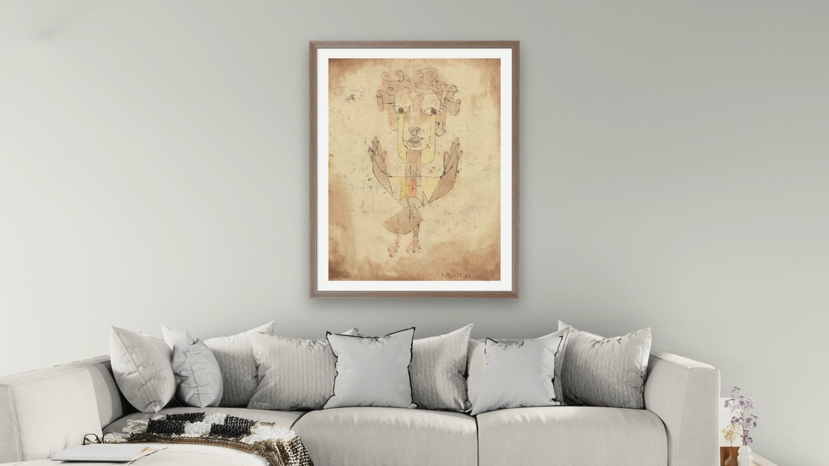 Angelus Novus by Paul Klee, shown at 30 × 40 in (76.2 × 101.6 cm) in Arber Light Walnut, living