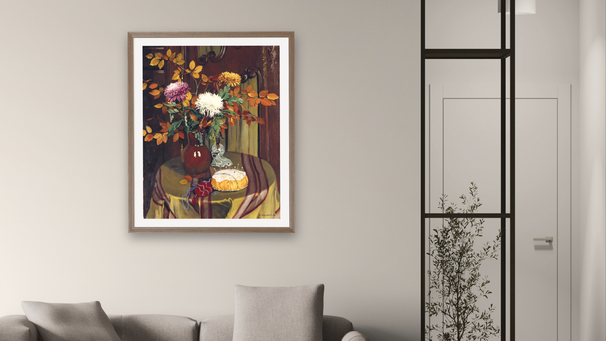 Chrysanthemums and Autumn Foilage by Félix Vallotton, shown at 32 × 40 in (81.3 × 101.6 cm) in Arber Light Walnut, living