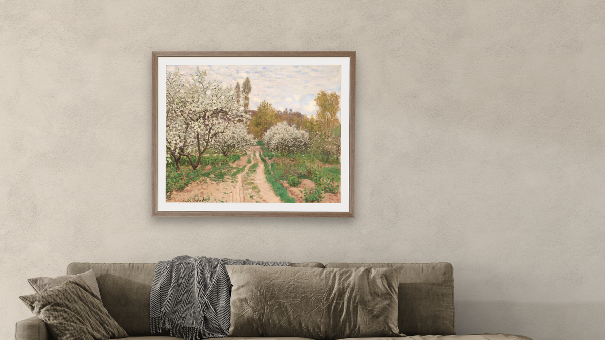 Apple Trees in Blossom by Claude Monet, shown at 32 × 40 in (81.3 × 101.6 cm) in Arber Light Walnut, living