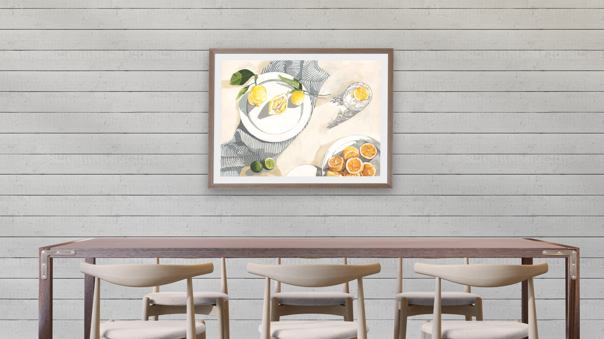 Lemon and Gin, shown at 30 × 40 in (76.2 × 101.6 cm) in Arber Light Walnut, dining
