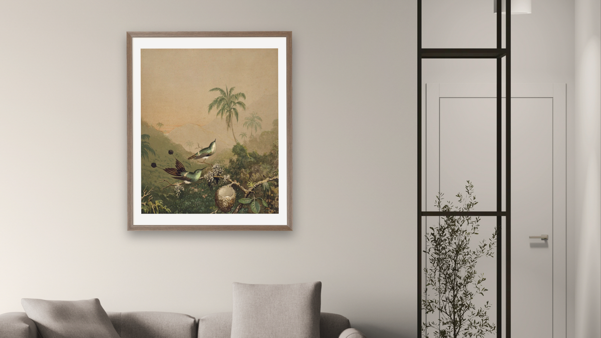 Brazillian Hummingbirds II by Martin Johnson Heade, shown at 32 × 40 in (81.3 × 101.6 cm) in Arber Light Walnut, living
