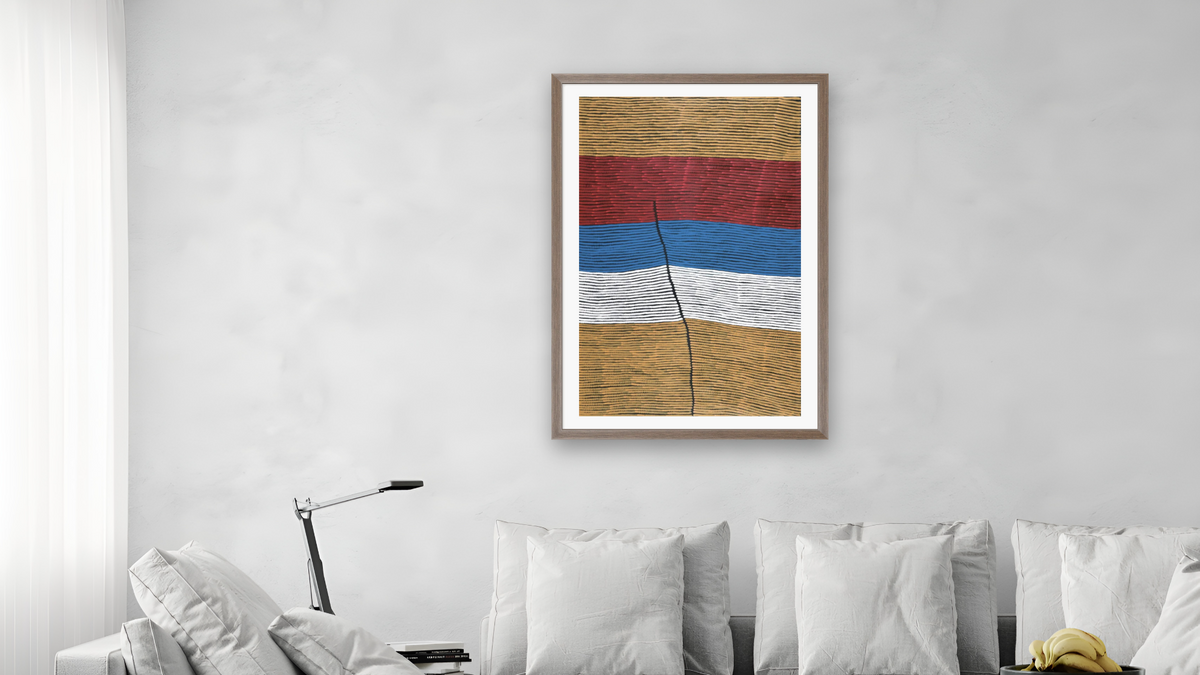 Bushfire dreaming by Ronnie Tjampitjinpa, shown at 28 × 42 in (71.1 × 106.7 cm) in Arber Light Walnut, living