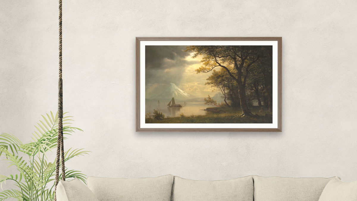 Mount Hood, Columbia River by Albert Bierstadt, shown at 28 × 42 in (71.1 × 106.7 cm) in Arber Light Walnut, living