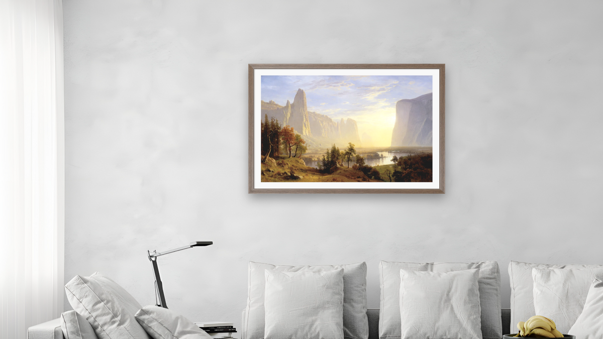 Yosemite Valley by Albert Bierstadt, shown at 28 × 42 in (71.1 × 106.7 cm) in Arber Light Walnut, living