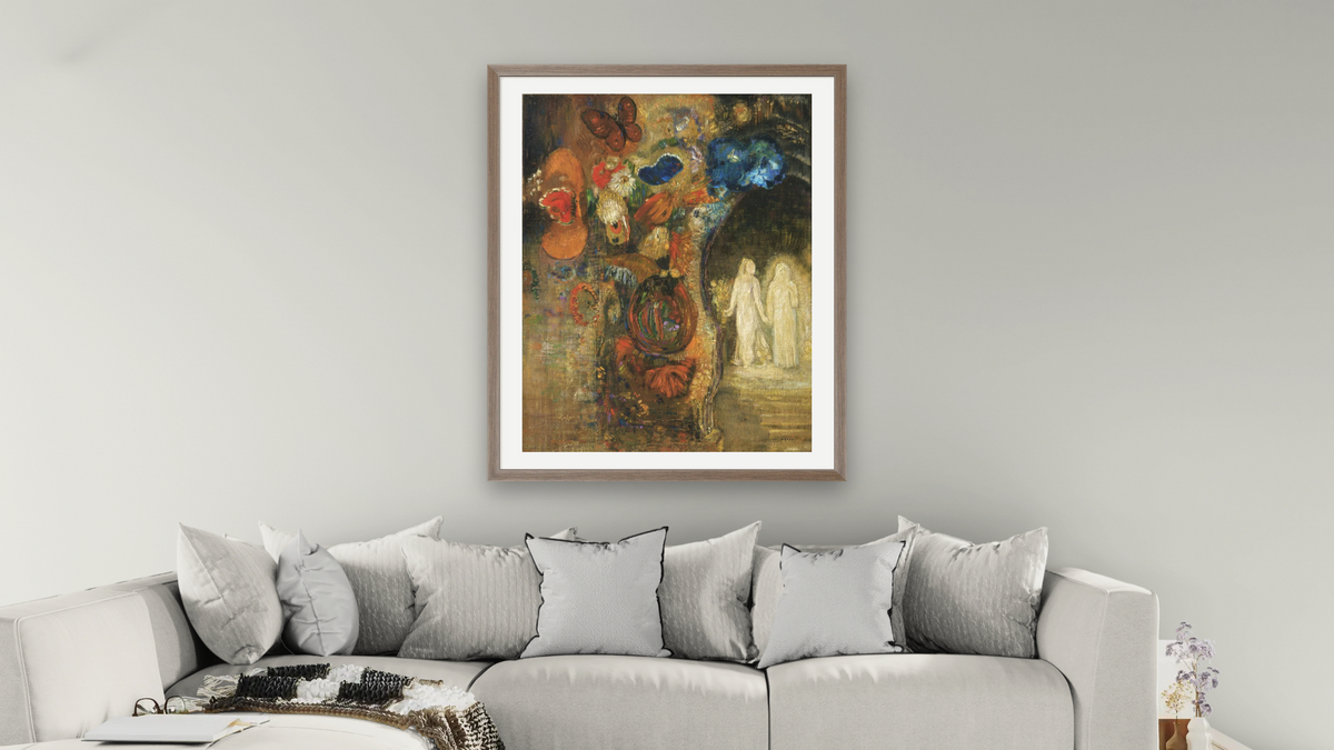 Apparition by Odilon Redon, shown at 32 × 40 in (81.3 × 101.6 cm) in Arber Light Walnut, living