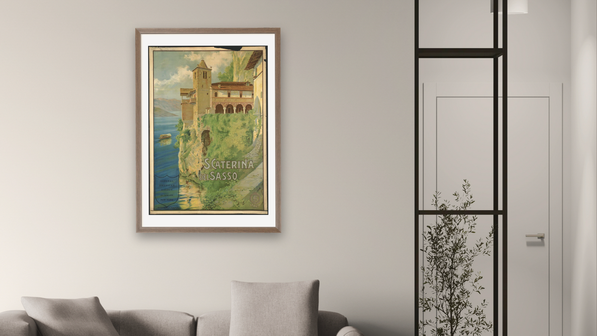 BPL Travel Posters, shown at 28 × 42 in (71.1 × 106.7 cm) in Arber Light Walnut, living