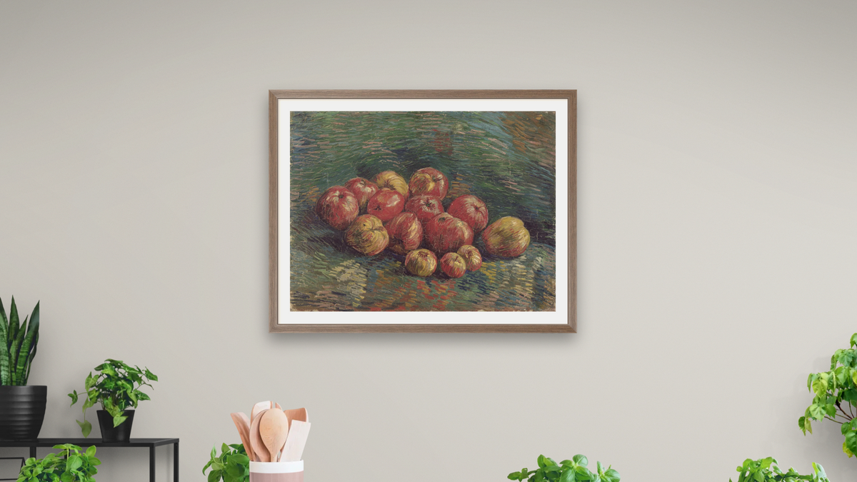 Apples by Vincent van Gogh, shown at 30 × 40 in (76.2 × 101.6 cm) in Arber Light Walnut, dining