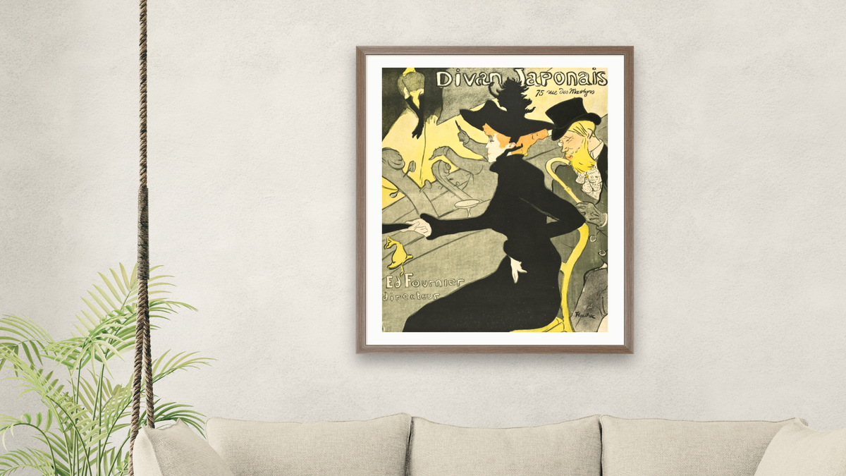 Divan Japonais by Henri de Toulouse-Lautrec, shown at 32 × 40 in (81.3 × 101.6 cm) in Arber Light Walnut, living