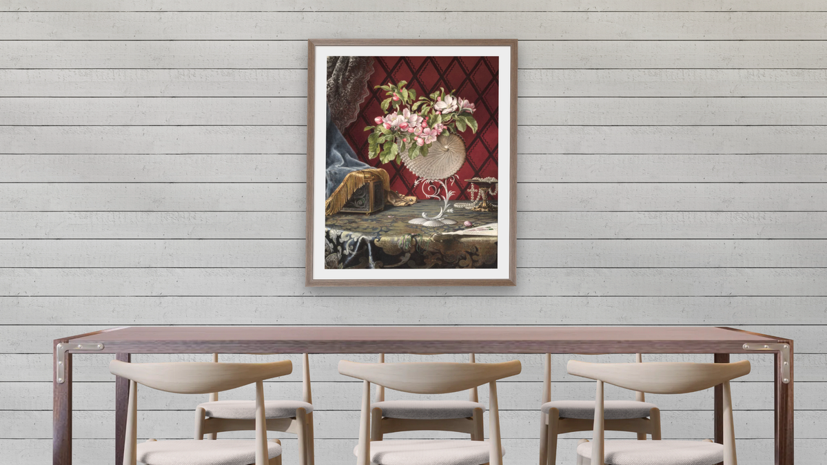 Still Life with Apple Blossoms in a Nautilus Shell by Martin Johnson Heade, shown at 32 × 40 in (81.3 × 101.6 cm) in Arber Light Walnut, dining