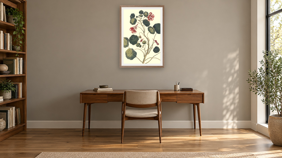 Nasturtium by Pierre Joseph Buchoz, shown at 28 × 42 in (71.1 × 106.7 cm) in Arber Light Walnut, library