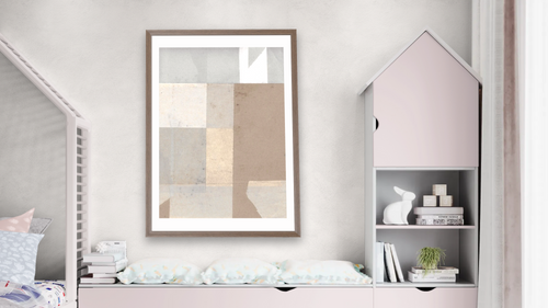 Abstracted 1 by Dan Hobday, shown at 28 × 42 in (71.1 × 106.7 cm) in Arber Light Walnut, bedroom [arteriel-render:v6:room_a:28x42@41,43]