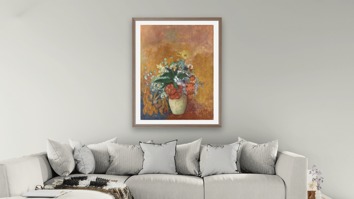 Vase of Flowers by Odilon Redon, shown at 30 × 40 in (76.2 × 101.6 cm) in Arber Light Walnut, living