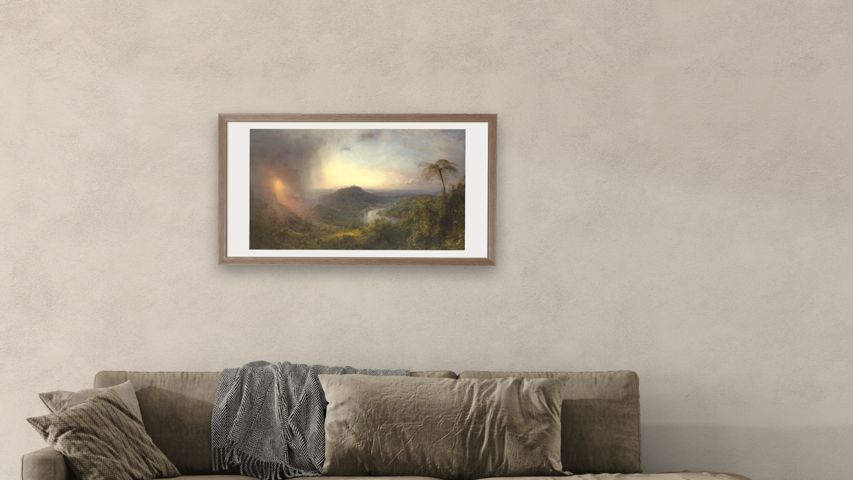 Vale of St. Thomas, Jamaica by Frederic Edwin Church, shown at 20 × 40 in (50.8 × 101.6 cm) in Arber Light Walnut, living