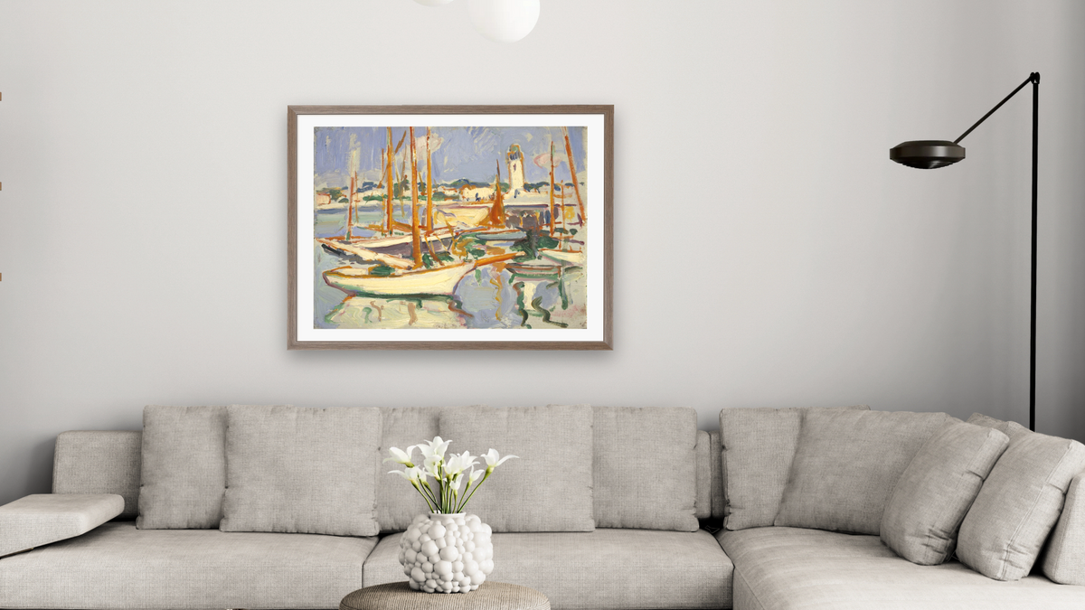 Boats at Royan by Samuel John Peploe, shown at 30 × 40 in (76.2 × 101.6 cm) in Arber Light Walnut, living