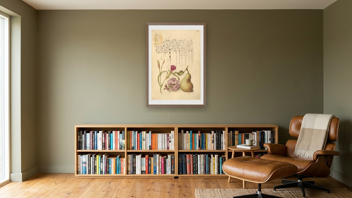 Carnation, Martagon Lily, and Pear by Joris Hoefnagel and Georg Bocskay, shown at 28 × 42 in (71.1 × 106.7 cm) in Arber Light Walnut, library