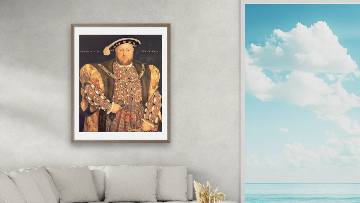 Portrait of Henry VIII (1491-1547) aged 49 by Hans Holbein the Younger, shown at 32 × 40 in (81.3 × 101.6 cm) in Arber Light Walnut, living