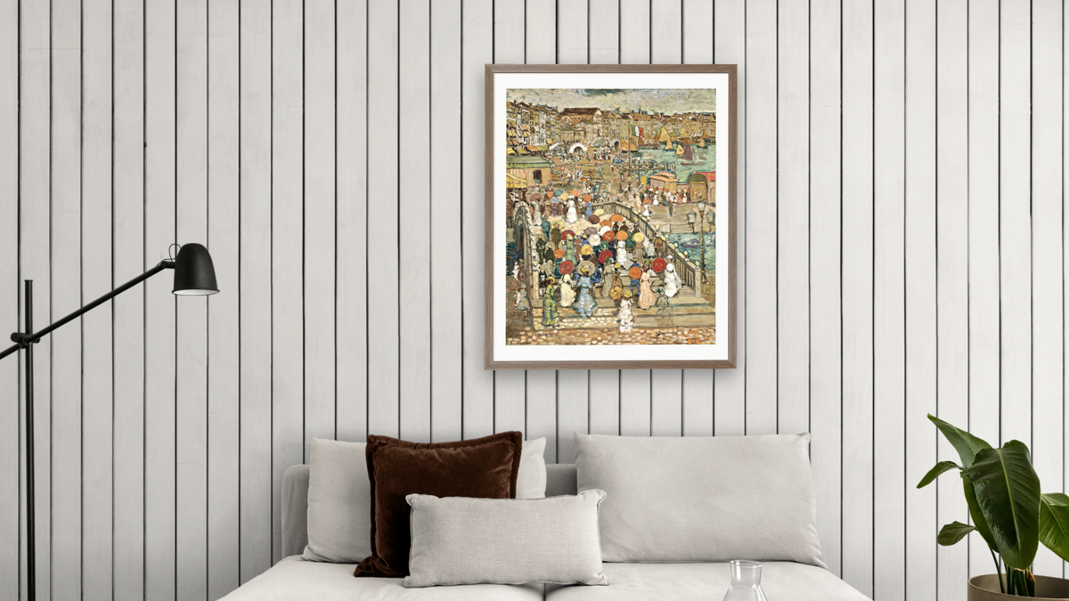 Ponte della Paglia by Maurice Brazil Prendergast, shown at 32 × 40 in (81.3 × 101.6 cm) in Arber Light Walnut, living