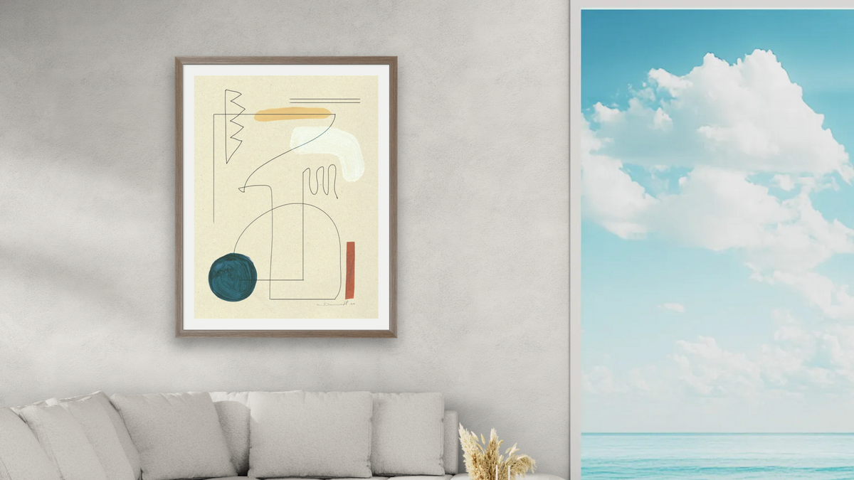 Boho Desert by Dan Hobday, shown at 30 × 40 in (76.2 × 101.6 cm) in Arber Light Walnut, living