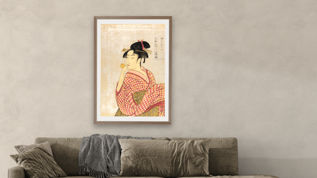 Poppen o fuku musume by Kitagawa Utamaro, shown at 28 × 42 in (71.1 × 106.7 cm) in Arber Light Walnut, living