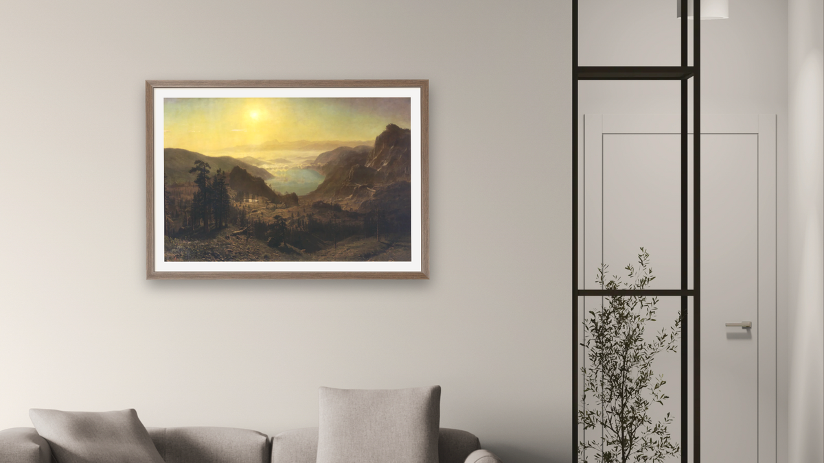 Donner Lake from the Summit by Albert Bierstadt, shown at 28 × 42 in (71.1 × 106.7 cm) in Arber Light Walnut, living