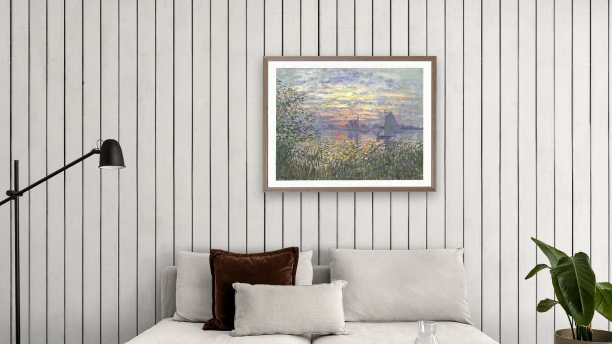 Marine View with a Sunset by Claude Monet, shown at 30 × 40 in (76.2 × 101.6 cm) in Arber Light Walnut, living