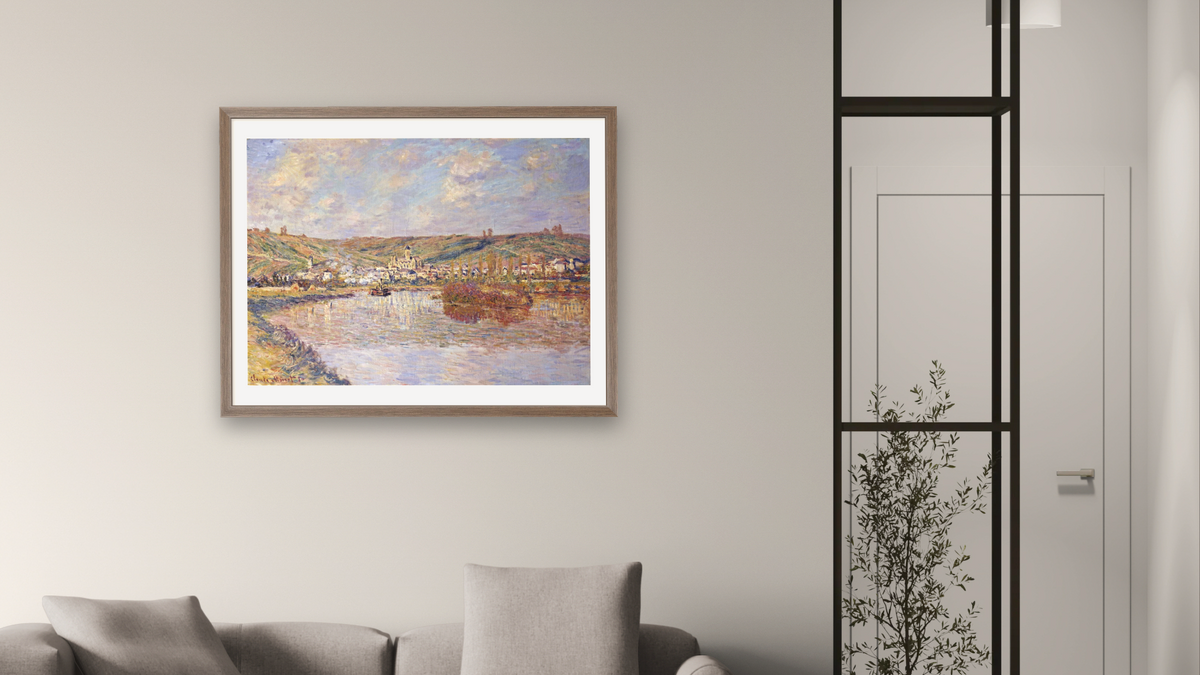 End of The Afternoon, Vetheuil by Claude Monet, shown at 30 × 40 in (76.2 × 101.6 cm) in Arber Light Walnut, living