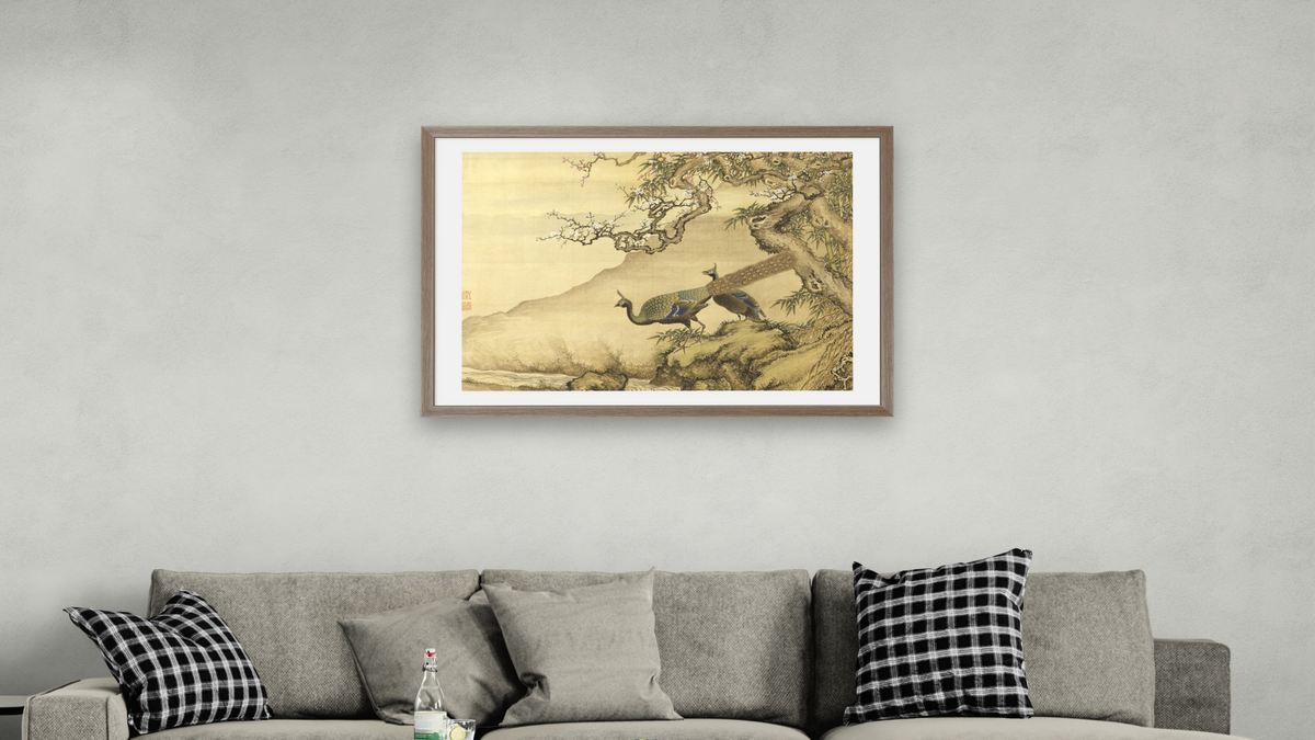 Album of Birds and Animals (Peacocks) by Shen Nanpin, shown at 28 × 42 in (71.1 × 106.7 cm) in Arber Light Walnut, living