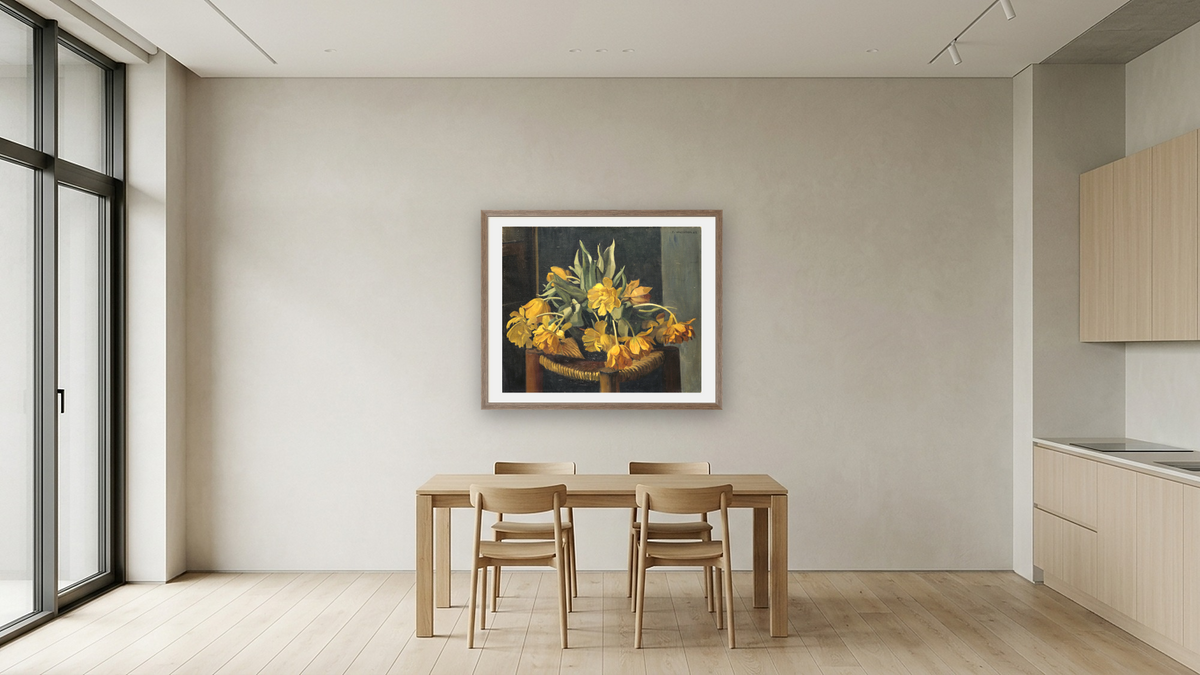 Double Yellow Tulips on a Wicker Chair by Félix Vallotton, shown at 32 × 40 in (81.3 × 101.6 cm) in Arber Light Walnut, kitchen