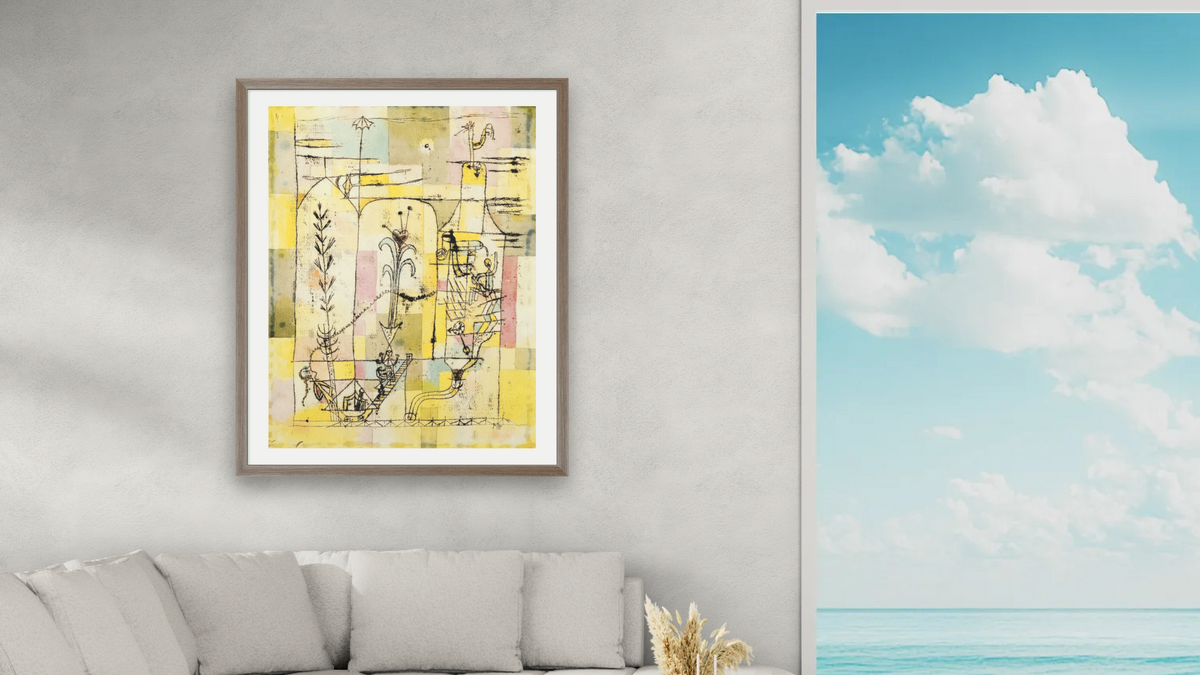Tale à la Hoffmann by Paul Klee, shown at 32 × 40 in (81.3 × 101.6 cm) in Arber Light Walnut, living