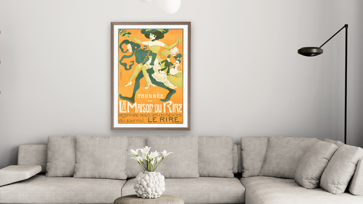 La Maison Du Rire Poster, shown at 28 × 42 in (71.1 × 106.7 cm) in Arber Light Walnut, living
