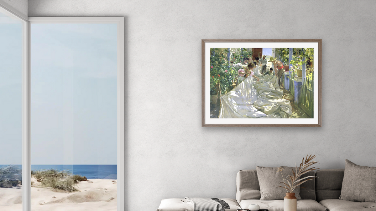 Mending the Sail by Joaquin Sorolla y Bastida, shown at 30 × 40 in (76.2 × 101.6 cm) in Arber Light Walnut, living