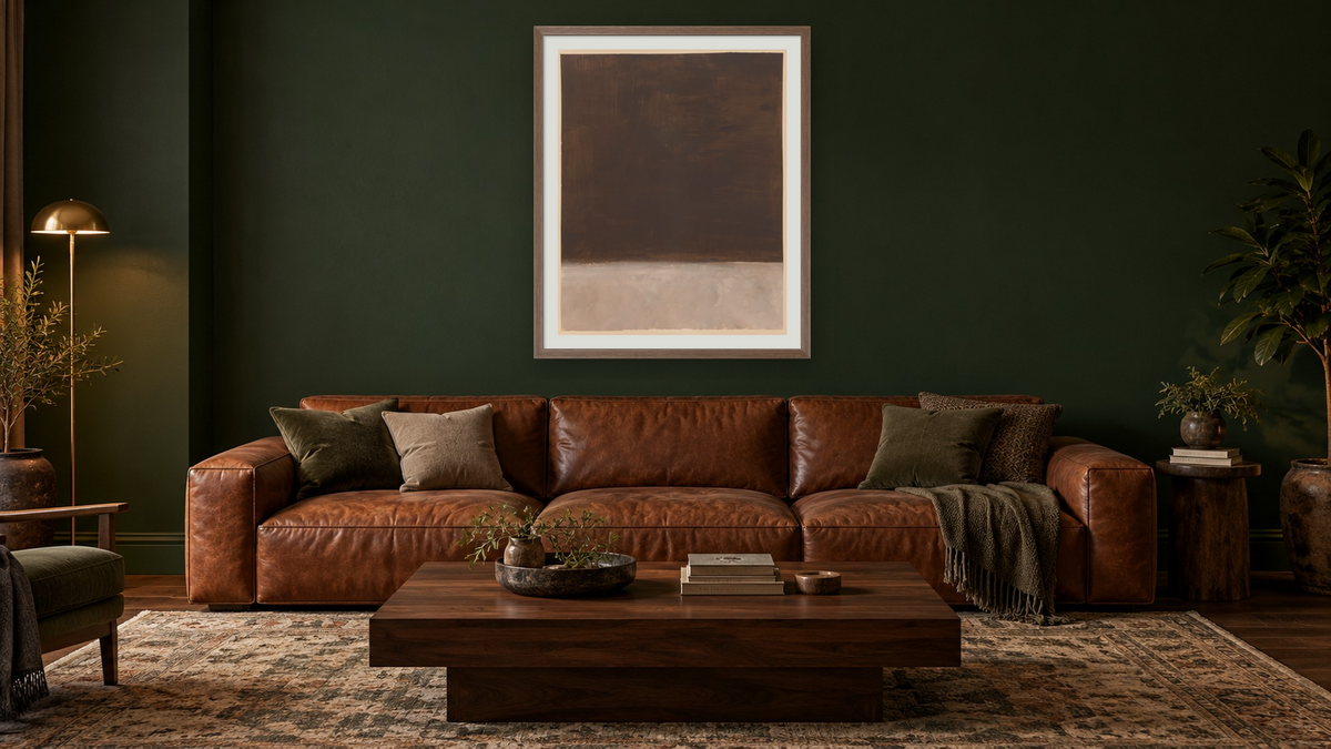 Untitled (brown and gray) by Mark Rothko, shown at 32 × 40 in (81.3 × 101.6 cm) in Arber Light Walnut, den