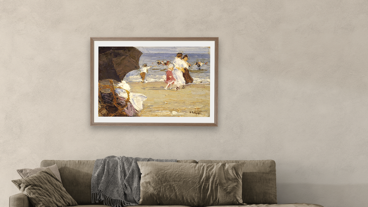 The Beach Umbrella by Edward Henry Potthast I, shown at 28 × 42 in (71.1 × 106.7 cm) in Arber Light Walnut, living