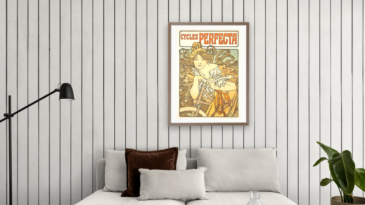 Cycles Perfecta by Alphonse Mucha, shown at 30 × 40 in (76.2 × 101.6 cm) in Arber Light Walnut, living