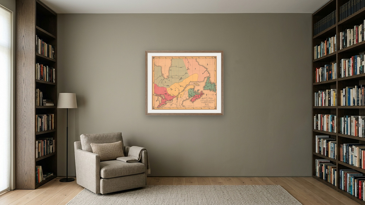 British Provinces, shown at 32 × 40 in (81.3 × 101.6 cm) in Arber Light Walnut, library
