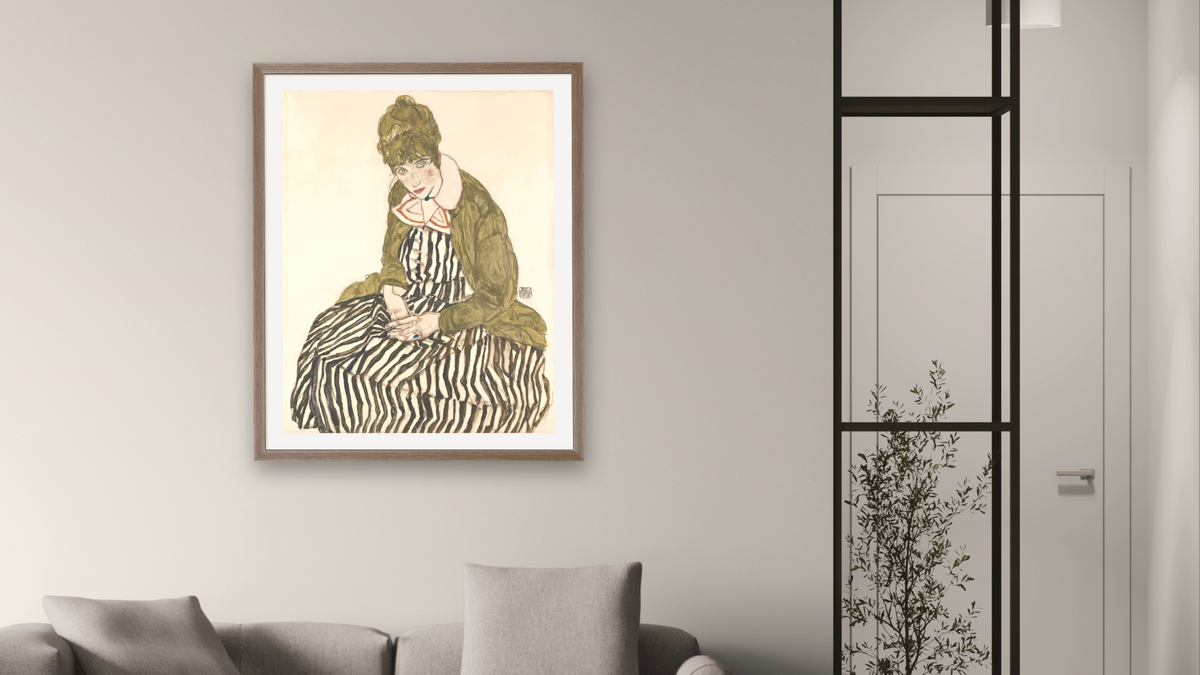 Edith with Striped Dress, Sitting by Egon Schiele, shown at 32 × 40 in (81.3 × 101.6 cm) in Arber Light Walnut, living