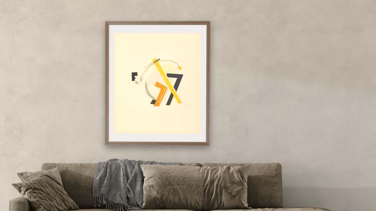 Old Man, His Head Two Paces Behind by El Lissitzky, shown at 32 × 40 in (81.3 × 101.6 cm) in Arber Light Walnut, living