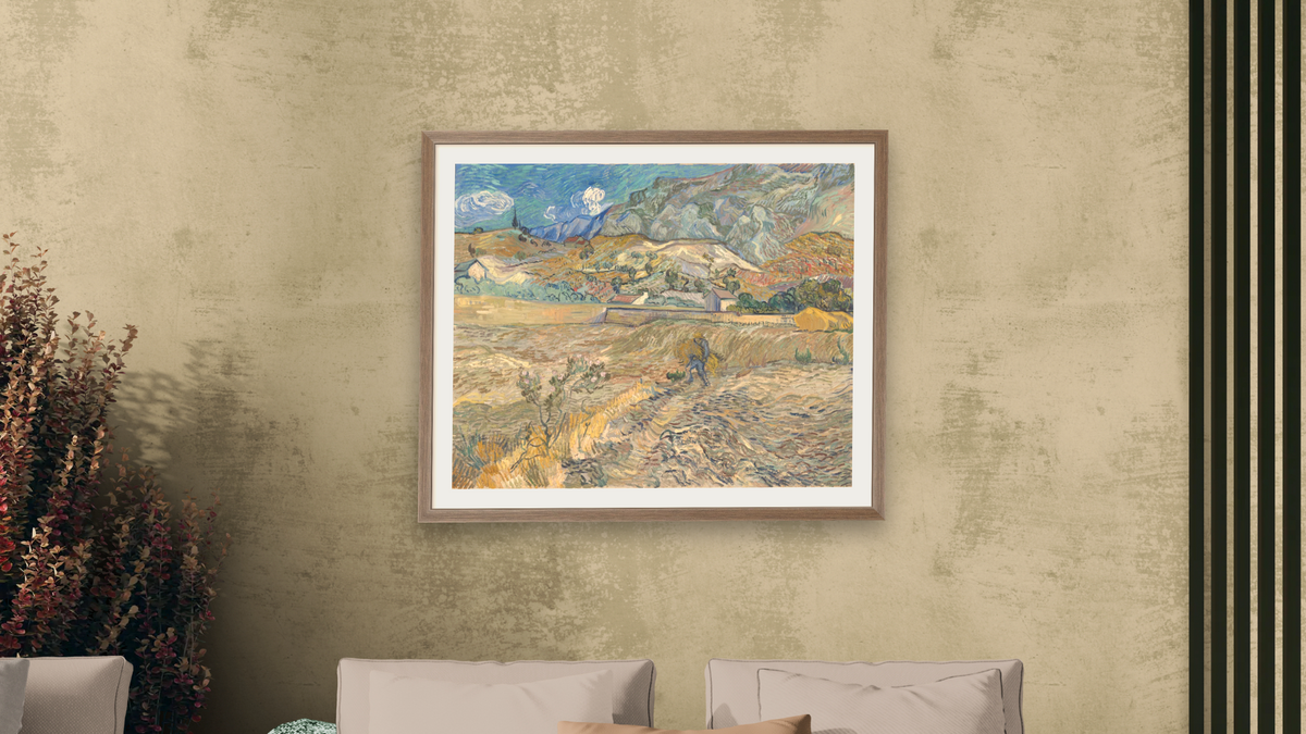 Enclosed Wheat Field with Peasant by Vincent van Gogh, shown at 32 × 40 in (81.3 × 101.6 cm) in Arber Light Walnut, living