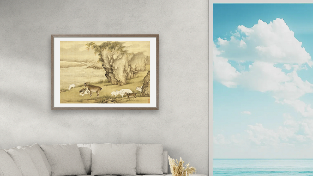 Album of Birds and Animals (Sheep and Goats) by Shen Nanpin, shown at 28 × 42 in (71.1 × 106.7 cm) in Arber Light Walnut, living
