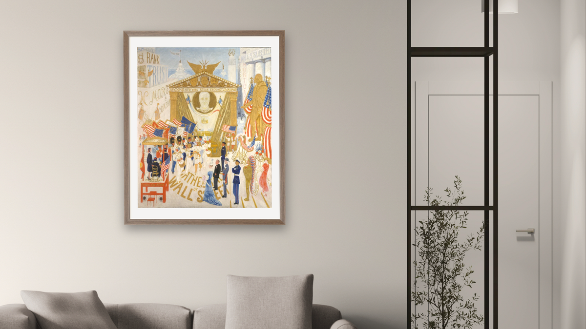 The Cathedrals of Wall Street by Florine Stettheimer, shown at 32 × 40 in (81.3 × 101.6 cm) in Arber Light Walnut, living