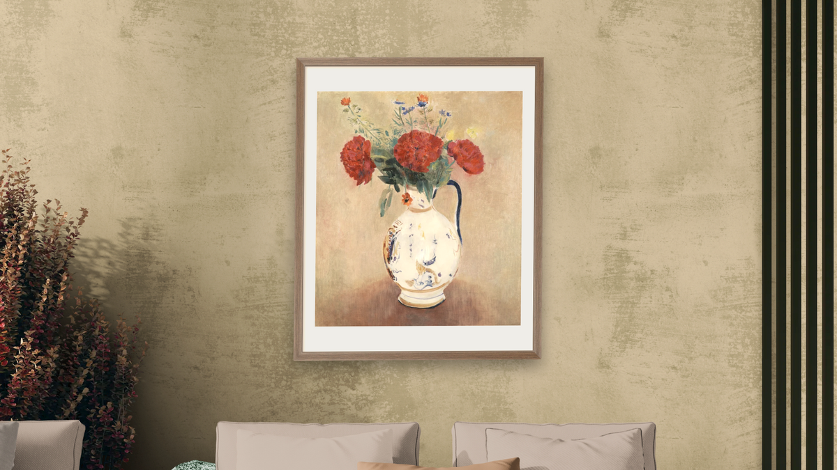 Peonies by Odilon Redon, shown at 32 × 40 in (81.3 × 101.6 cm) in Arber Light Walnut, living