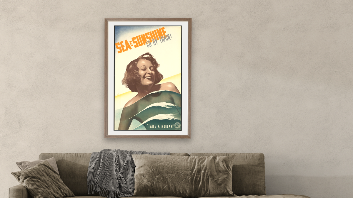 BPL Travel Posters, shown at 28 × 42 in (71.1 × 106.7 cm) in Arber Light Walnut, living