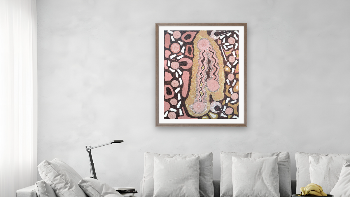 Big Snake Dreaming by Anatjari Tjakamarra, shown at 32 × 40 in (81.3 × 101.6 cm) in Arber Light Walnut, living