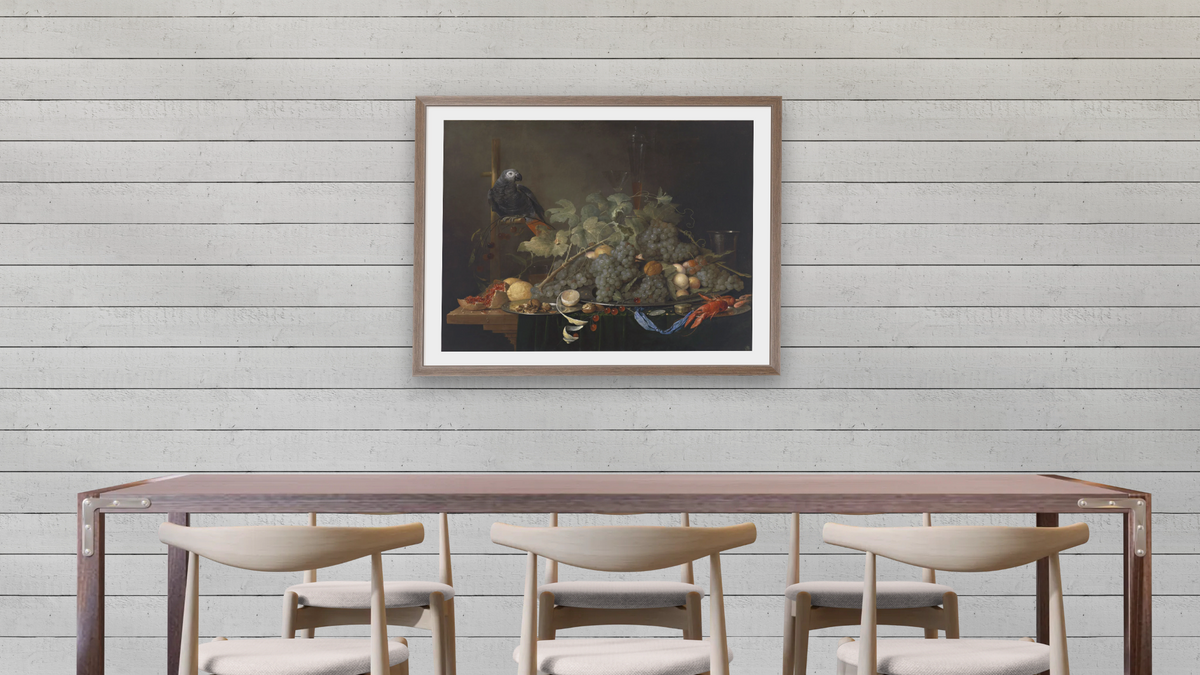Still Life by Jan Davidsz de Heem, shown at 30 × 40 in (76.2 × 101.6 cm) in Arber Light Walnut, dining