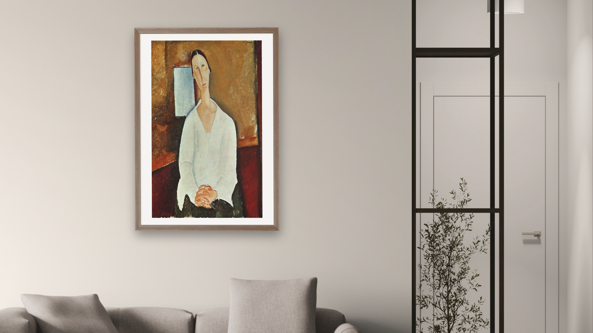 Madame Zborowska with Clasped Hands by Amedeo Modigliani, shown at 28 × 42 in (71.1 × 106.7 cm) in Arber Light Walnut, living