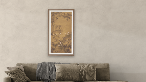 A Birthday Painting, Qing Dynasty (1644-1911) by Shen Nanpin, shown at 20 × 40 in (50.8 × 101.6 cm) in Arber Light Walnut, living [arteriel-render:v6:room_a:20x40@42,39]
