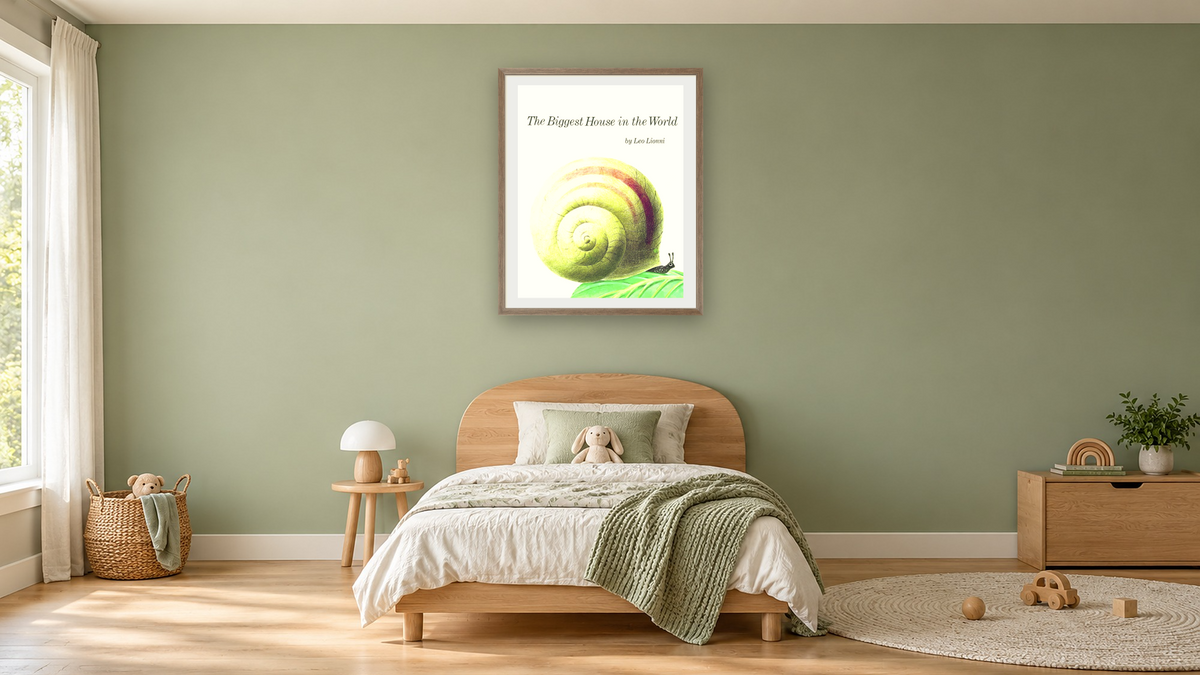 The Biggest House In The World XVIII (Printed Book Cover) by Leo Lionni, shown at 32 × 40 in (81.3 × 101.6 cm) in Arber Light Walnut, kids' room
